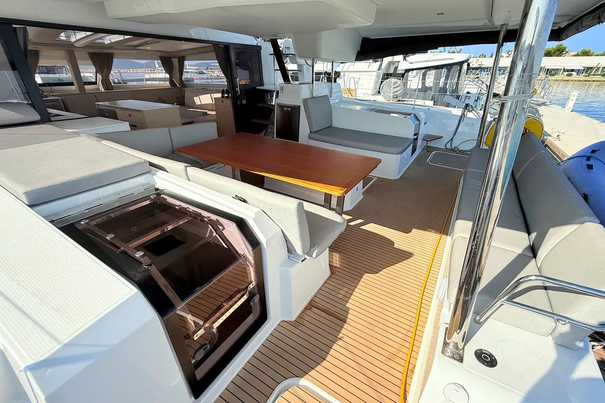 Deck of Lucky Fox, a Fountaine Pajot Aura 51 catamaran at Općina Sukošan, Croatia