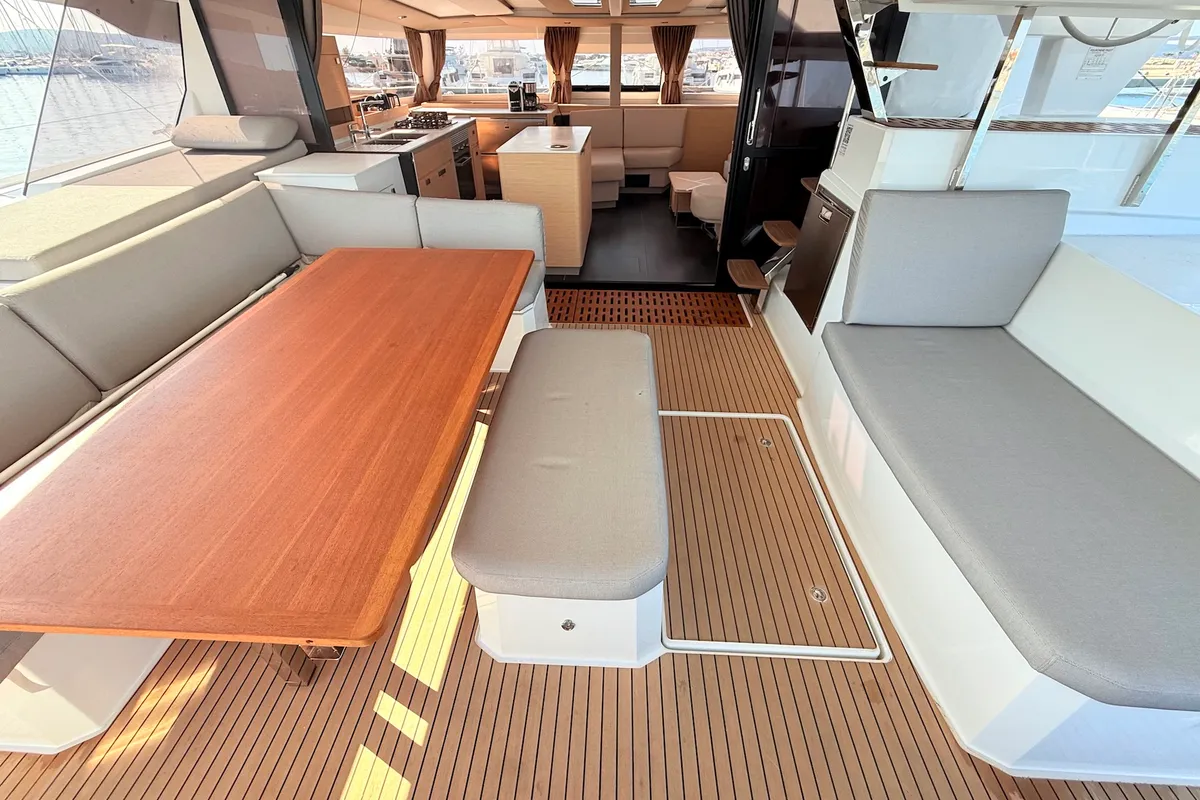Deck of Lucky Fox, a Fountaine Pajot Aura 51 catamaran at Općina Sukošan, Croatia