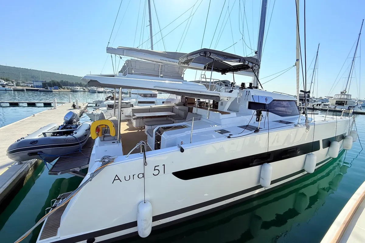 Exterior view of Lucky Fox, a Fountaine Pajot Aura 51 catamaran at Općina Sukošan, Croatia