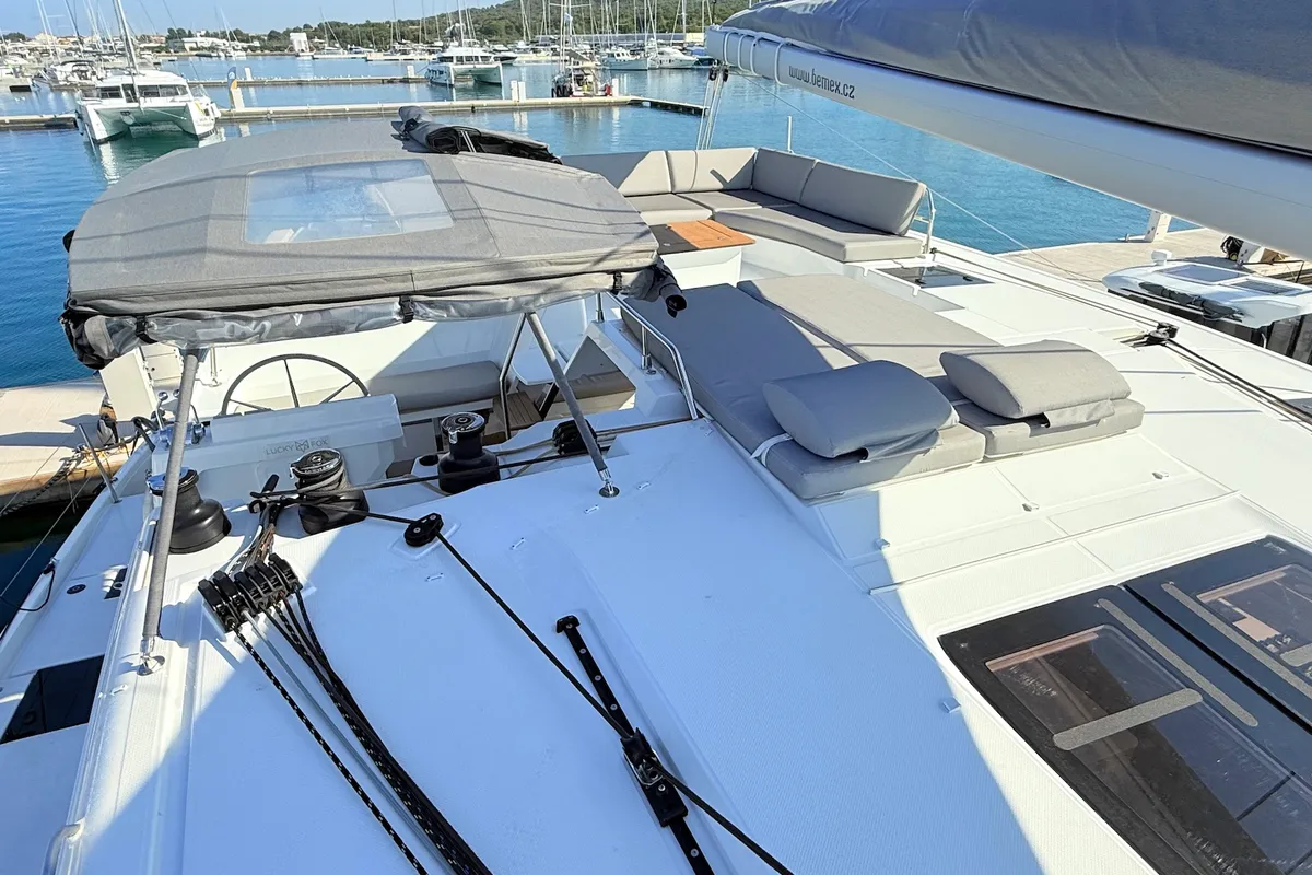 Cockpit of Lucky Fox, a Fountaine Pajot Aura 51 catamaran at Općina Sukošan, Croatia