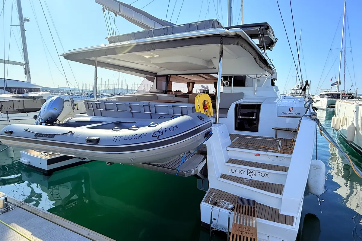 Exterior view of Lucky Fox, a Fountaine Pajot Aura 51 catamaran at Općina Sukošan, Croatia