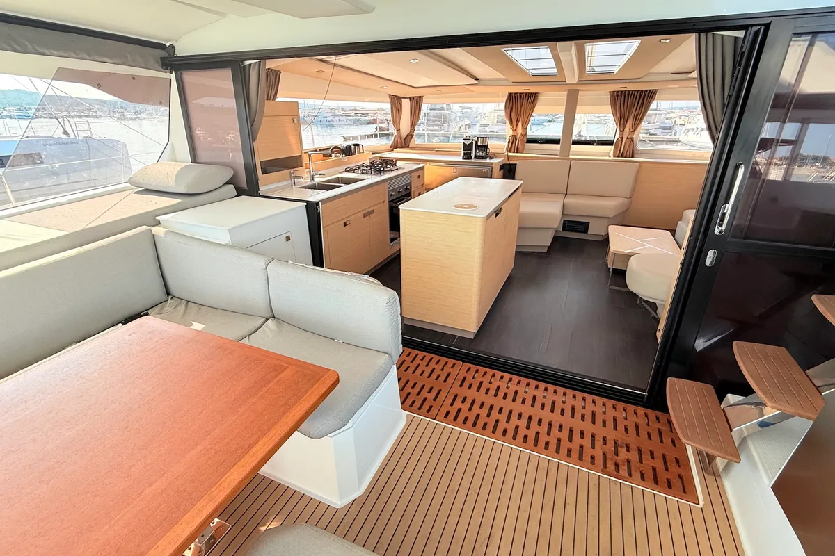 Salon of Lucky Fox, a Fountaine Pajot Aura 51 catamaran at Općina Sukošan, Croatia
