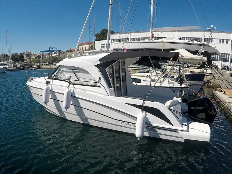 Exterior view of Lovre, a Beneteau Antares 8 OB motorboat at Grad Šibenik, Croatia