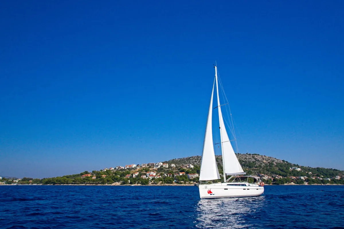 Exterior view of MH 82, a Bavaria Cruiser 46 sailboat at Murter, Croatia