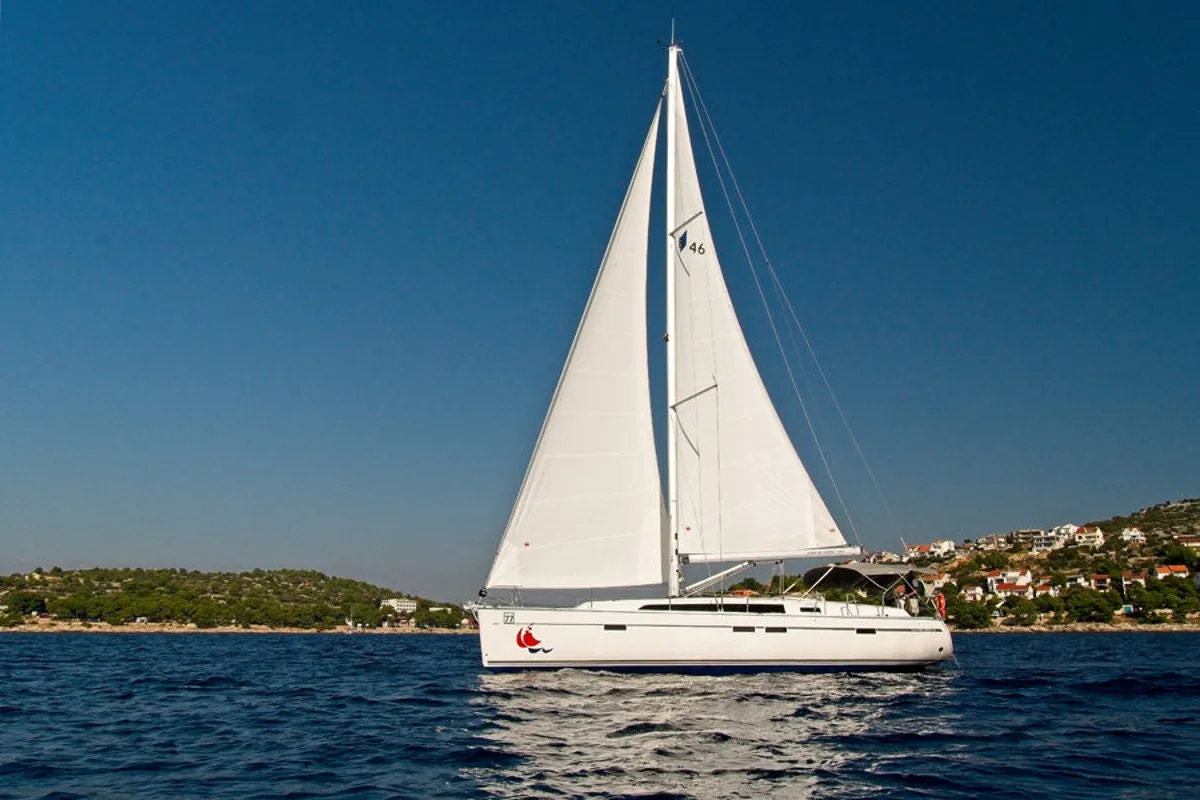 Exterior view of MH 82, a Bavaria Cruiser 46 sailboat at Murter, Croatia