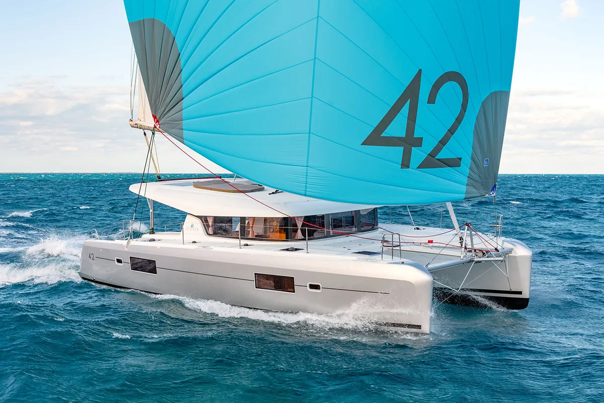 Exterior view of Tethys, a Lagoon 42 catamaran at Municipal Unit of Lefkada, Greece