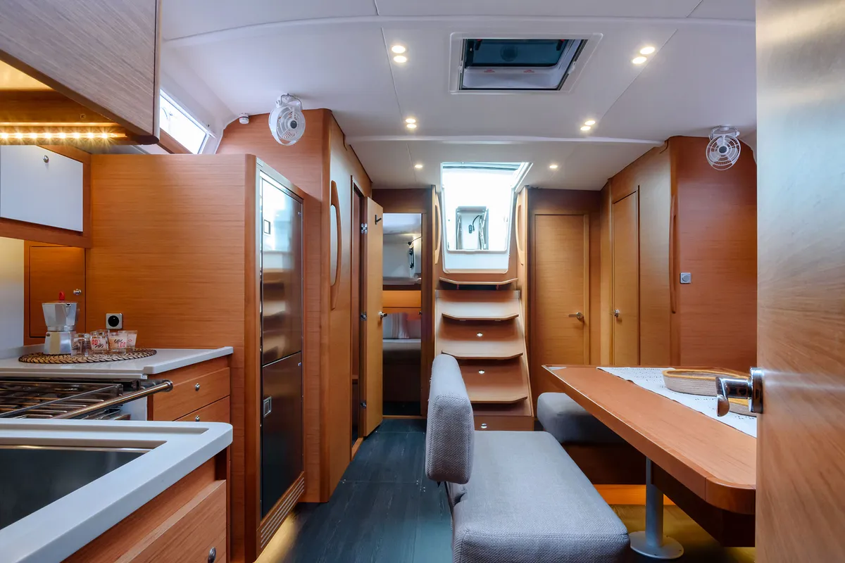Salon of Dione, a Dufour 470 sailboat at Cannigione, Italy