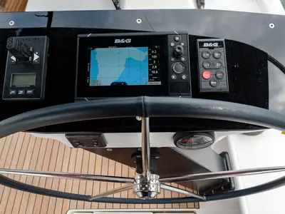 Cockpit of Dione, a Dufour 470 sailboat at Cannigione, Italy