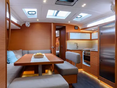 Salon of Dione, a Dufour 470 sailboat at Cannigione, Italy