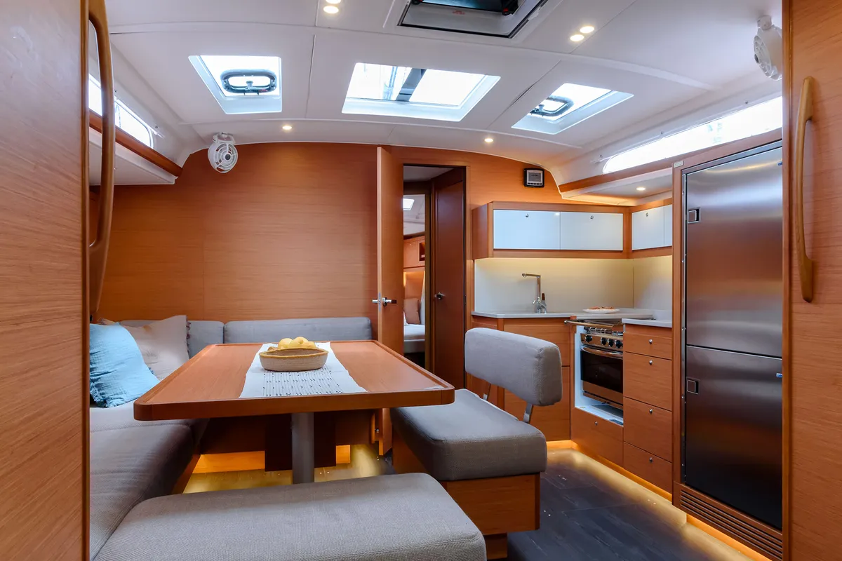 Salon of Dione, a Dufour 470 sailboat at Cannigione, Italy