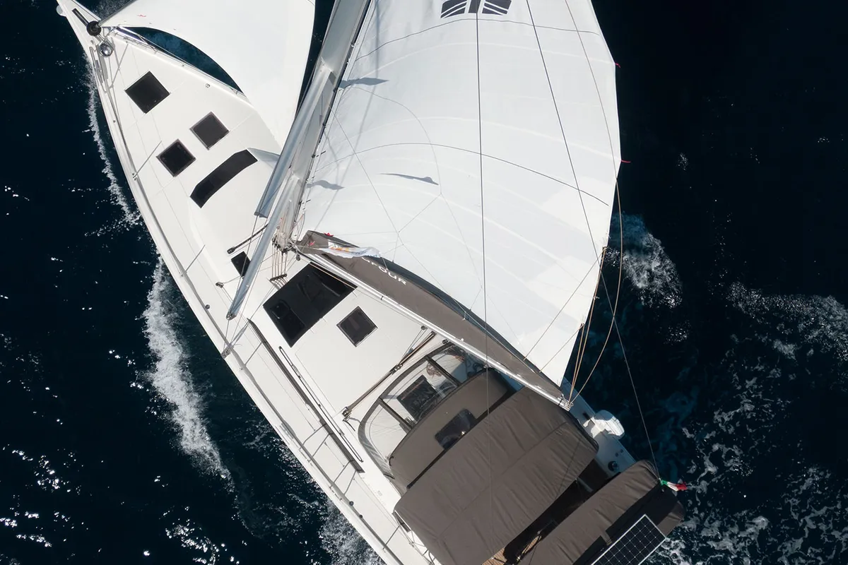 Exterior view of Dione, a Dufour 470 sailboat at Cannigione, Italy