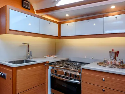 Galley of Dione, a Dufour 470 sailboat at Cannigione, Italy