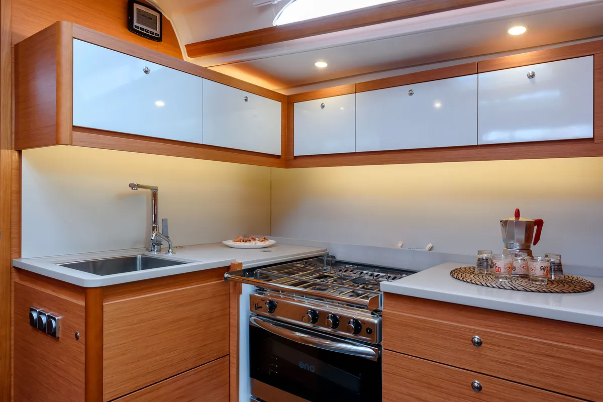 Galley of Dione, a Dufour 470 sailboat at Cannigione, Italy
