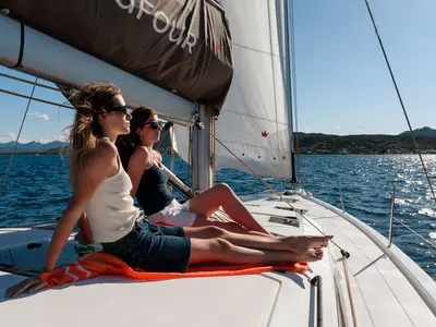 Deck of Dione, a Dufour 470 sailboat at Cannigione, Italy