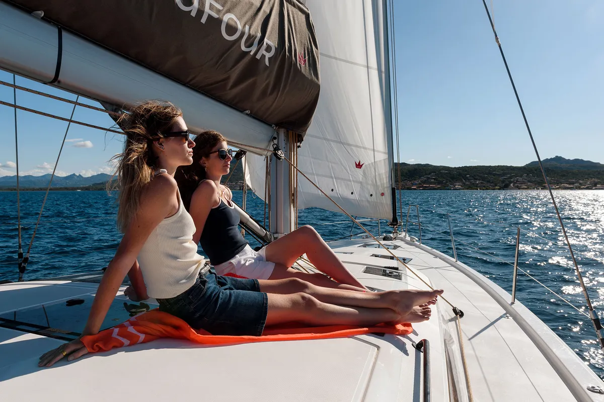 Deck of Dione, a Dufour 470 sailboat at Cannigione, Italy