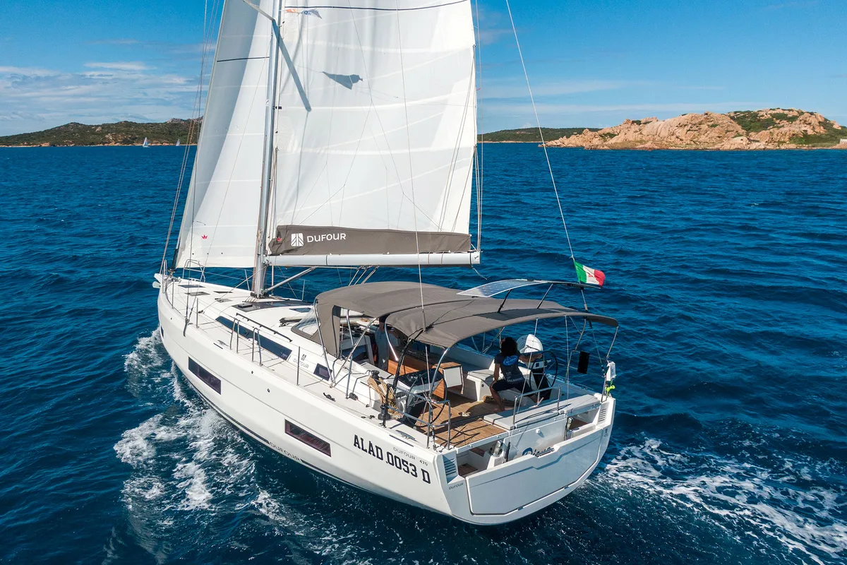 Exterior view of Dione, a Dufour 470 sailboat at Cannigione, Italy