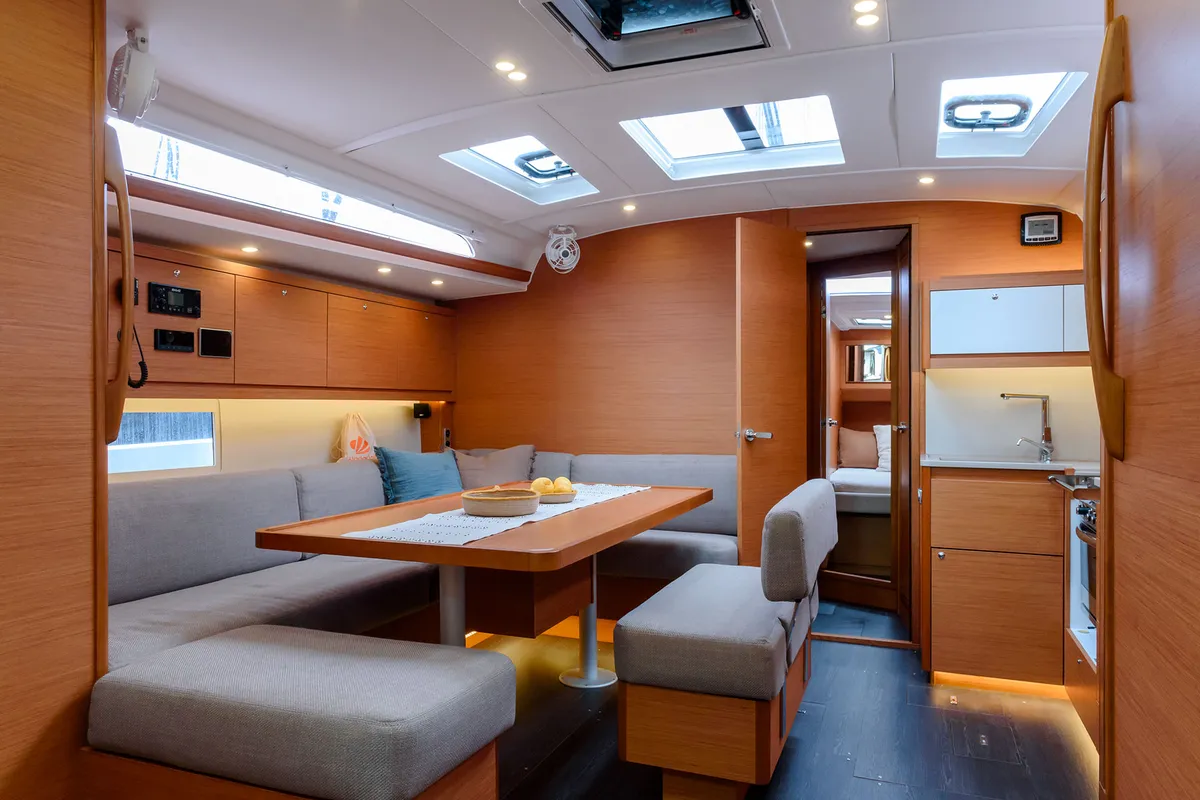 Salon of Dione, a Dufour 470 sailboat at Cannigione, Italy
