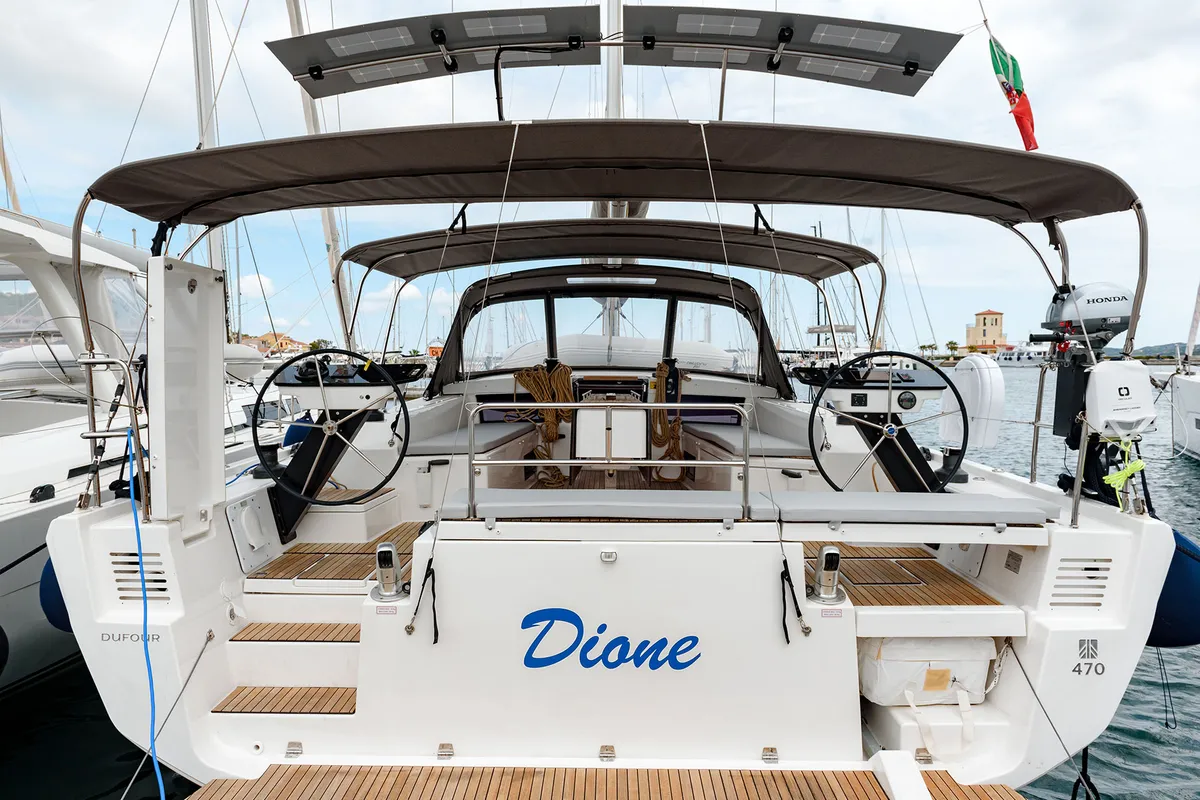 Deck of Dione, a Dufour 470 sailboat at Cannigione, Italy