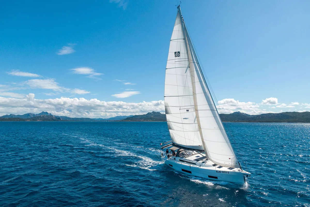 Exterior view of Dione, a Dufour 470 sailboat at Cannigione, Italy