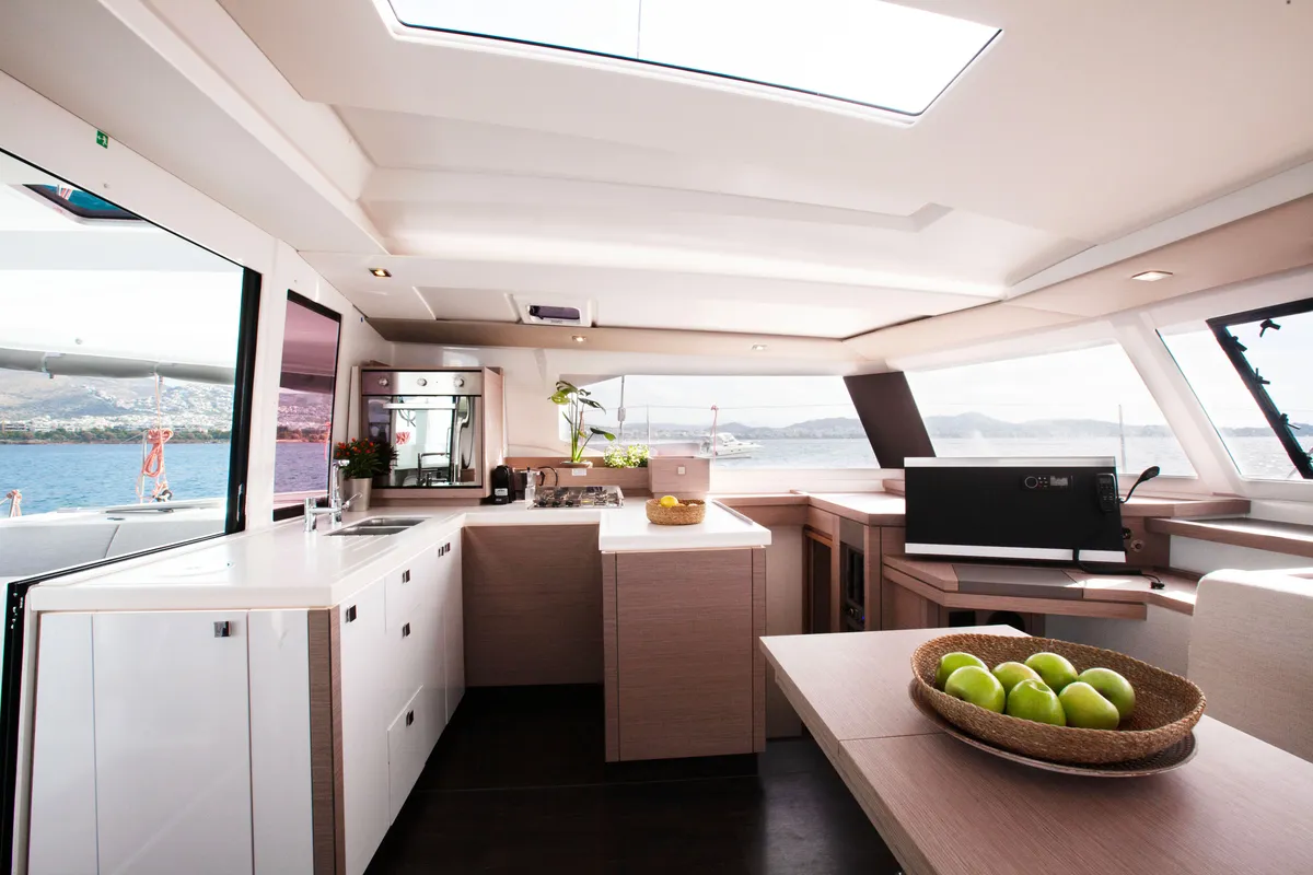 Galley of Argo I, a Fountaine Pajot Astréa 42 catamaran at Parikia, Greece