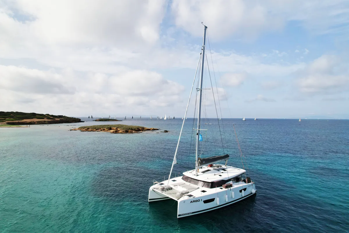 Exterior view of Argo I, a Fountaine Pajot Astréa 42 catamaran at Parikia, Greece