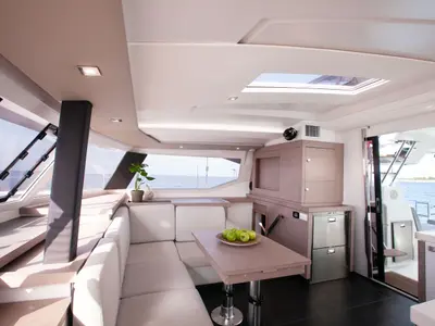 Salon of Argo I, a Fountaine Pajot Astréa 42 catamaran at Parikia, Greece