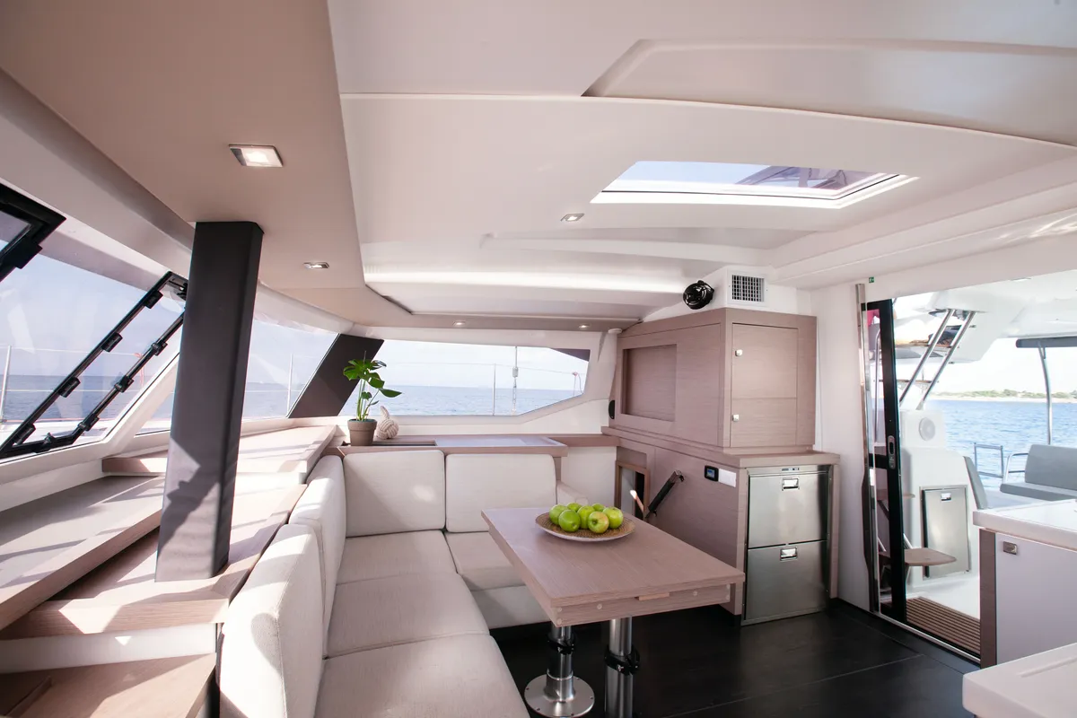 Salon of Argo I, a Fountaine Pajot Astréa 42 catamaran at Parikia, Greece