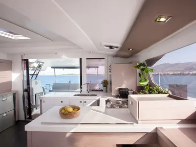 Galley of Argo I, a Fountaine Pajot Astréa 42 catamaran at Parikia, Greece