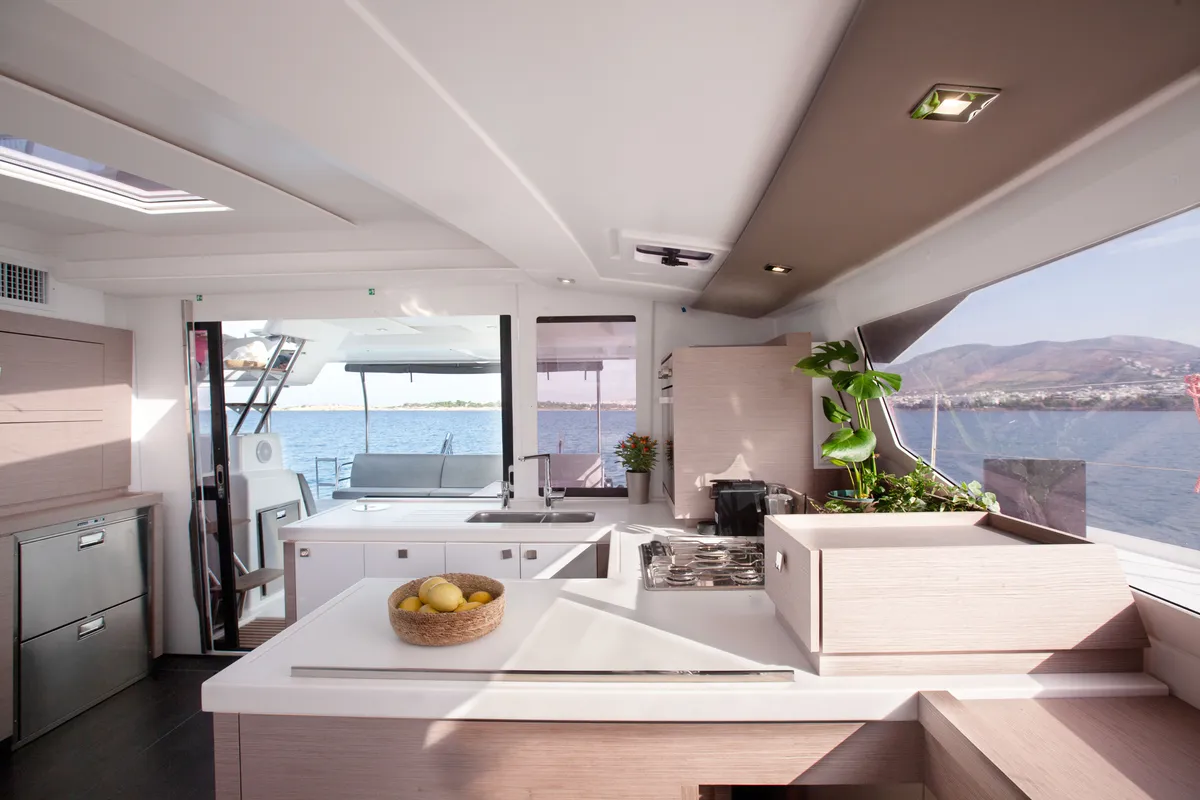 Galley of Argo I, a Fountaine Pajot Astréa 42 catamaran at Parikia, Greece