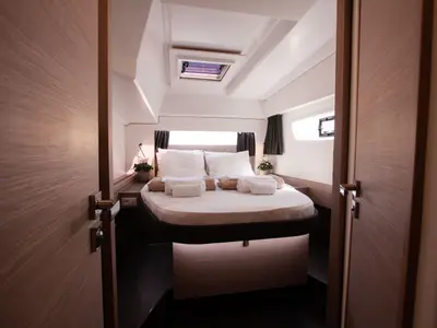 Cabin on Argo I, a Fountaine Pajot Astréa 42 catamaran at Parikia, Greece