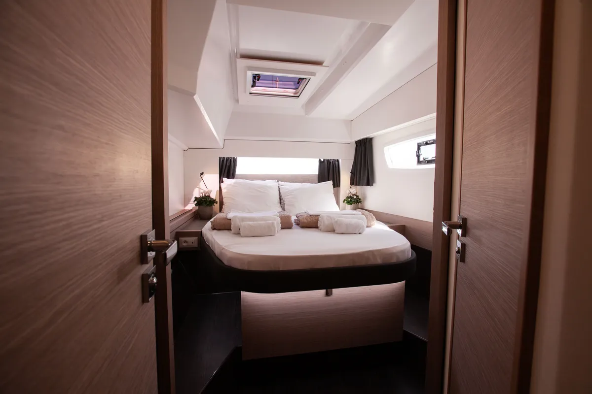 Cabin on Argo I, a Fountaine Pajot Astréa 42 catamaran at Parikia, Greece