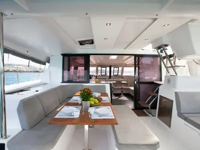 Deck of Argo I, a Fountaine Pajot Astréa 42 catamaran at Parikia, Greece