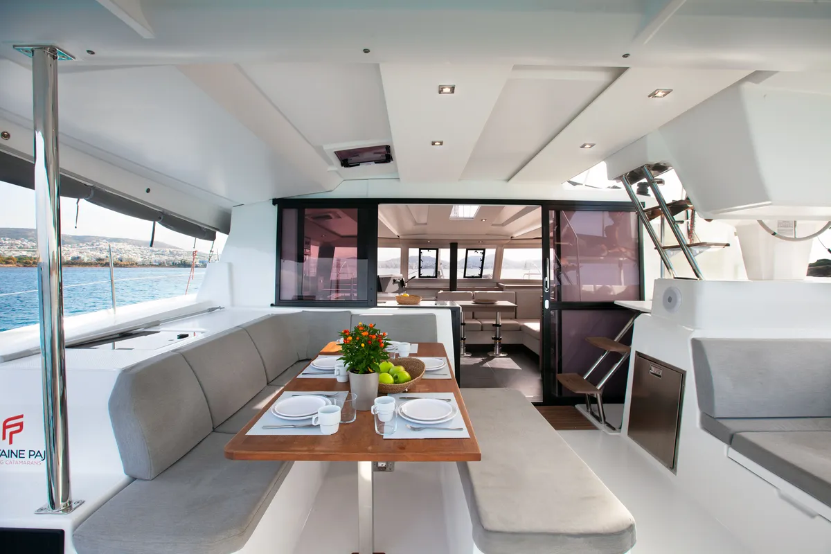 Deck of Argo I, a Fountaine Pajot Astréa 42 catamaran at Parikia, Greece