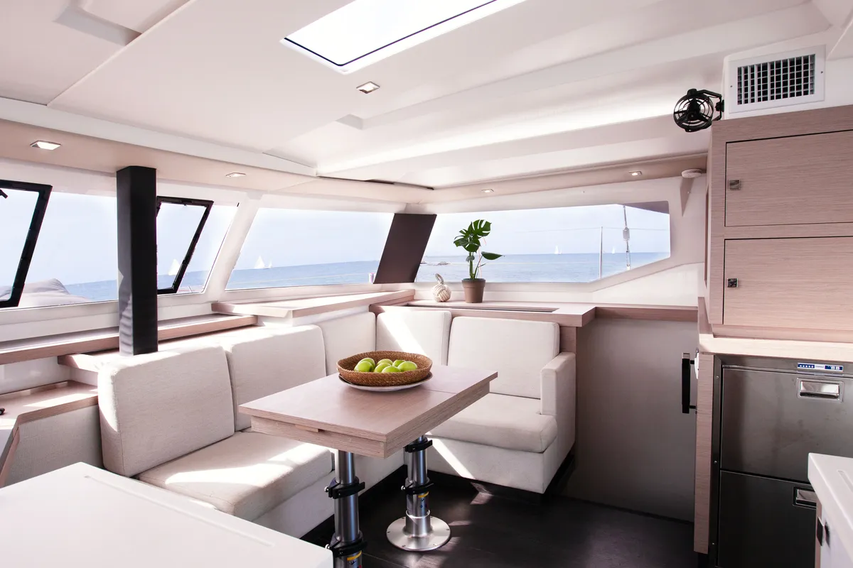 Salon of Argo I, a Fountaine Pajot Astréa 42 catamaran at Parikia, Greece