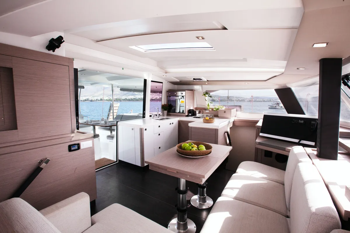 Salon of Argo I, a Fountaine Pajot Astréa 42 catamaran at Parikia, Greece