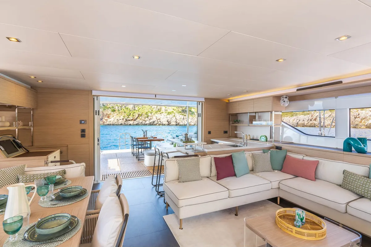 Salon of SAILUXE - Pac-one, a Lagoon 60 catamaran at Capo d'Orlando, Italy