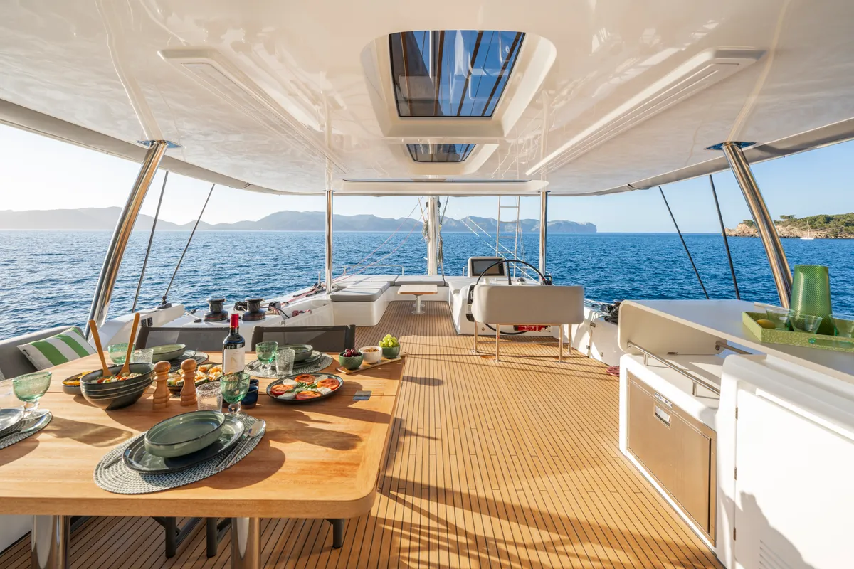 Deck of SAILUXE - Pac-one, a Lagoon 60 catamaran at Capo d'Orlando, Italy
