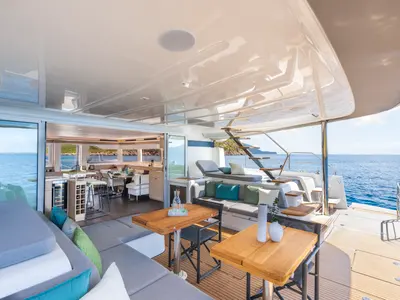 Deck of SAILUXE - Pac-one, a Lagoon 60 catamaran at Capo d'Orlando, Italy
