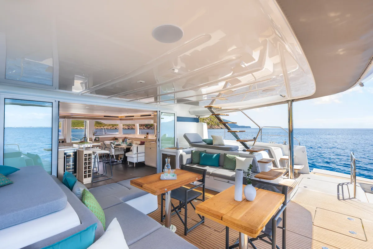 Deck of SAILUXE - Pac-one, a Lagoon 60 catamaran at Capo d'Orlando, Italy