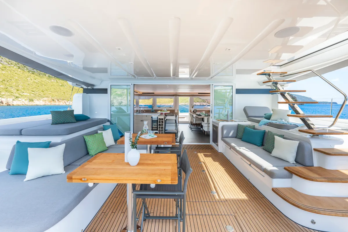 Deck of SAILUXE - Pac-one, a Lagoon 60 catamaran at Capo d'Orlando, Italy