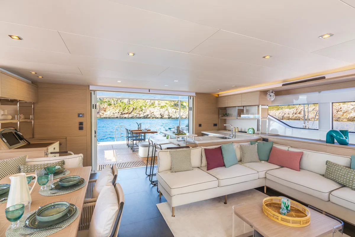 Salon of SAILUXE - Pac-one, a Lagoon 60 catamaran at Capo d'Orlando, Italy