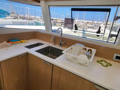 Galley of Good Vibes, a Lagoon 46 catamaran at Figari/Golfo Aranci, Italy