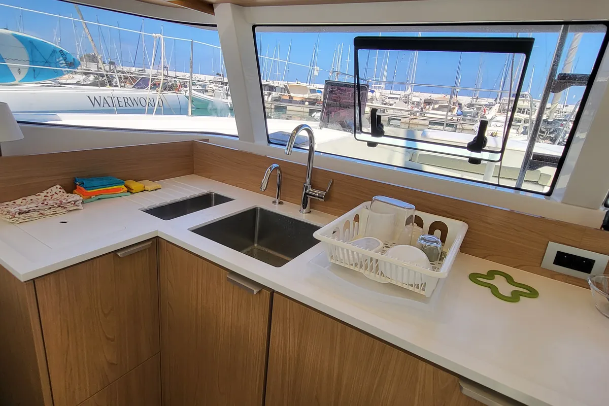 Galley of Good Vibes, a Lagoon 46 catamaran at Figari/Golfo Aranci, Italy