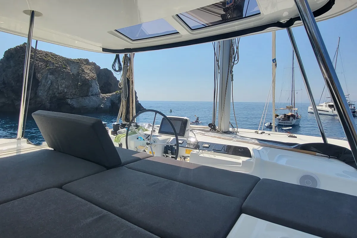 Cockpit of Good Vibes, a Lagoon 46 catamaran at Figari/Golfo Aranci, Italy
