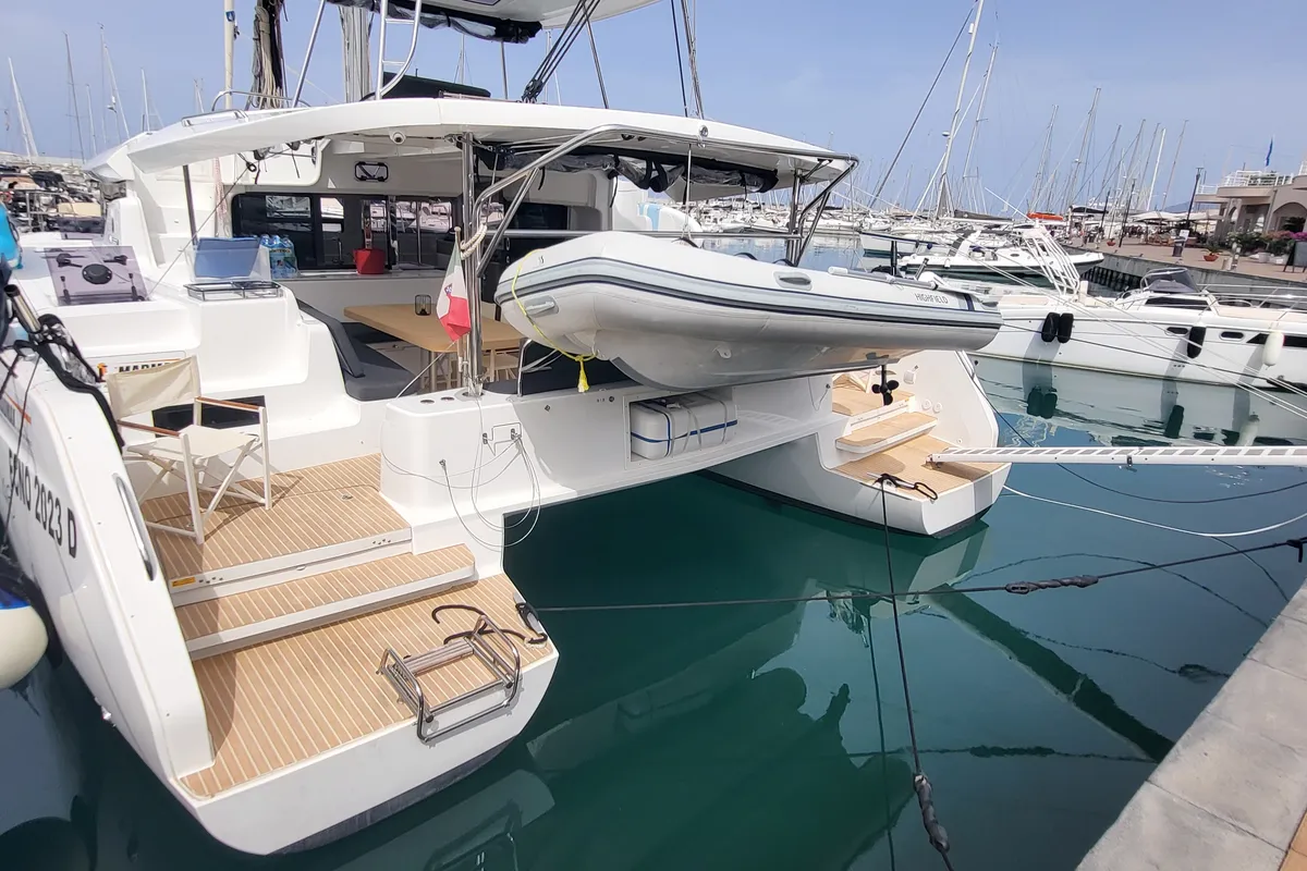 Deck of Good Vibes, a Lagoon 46 catamaran at Figari/Golfo Aranci, Italy