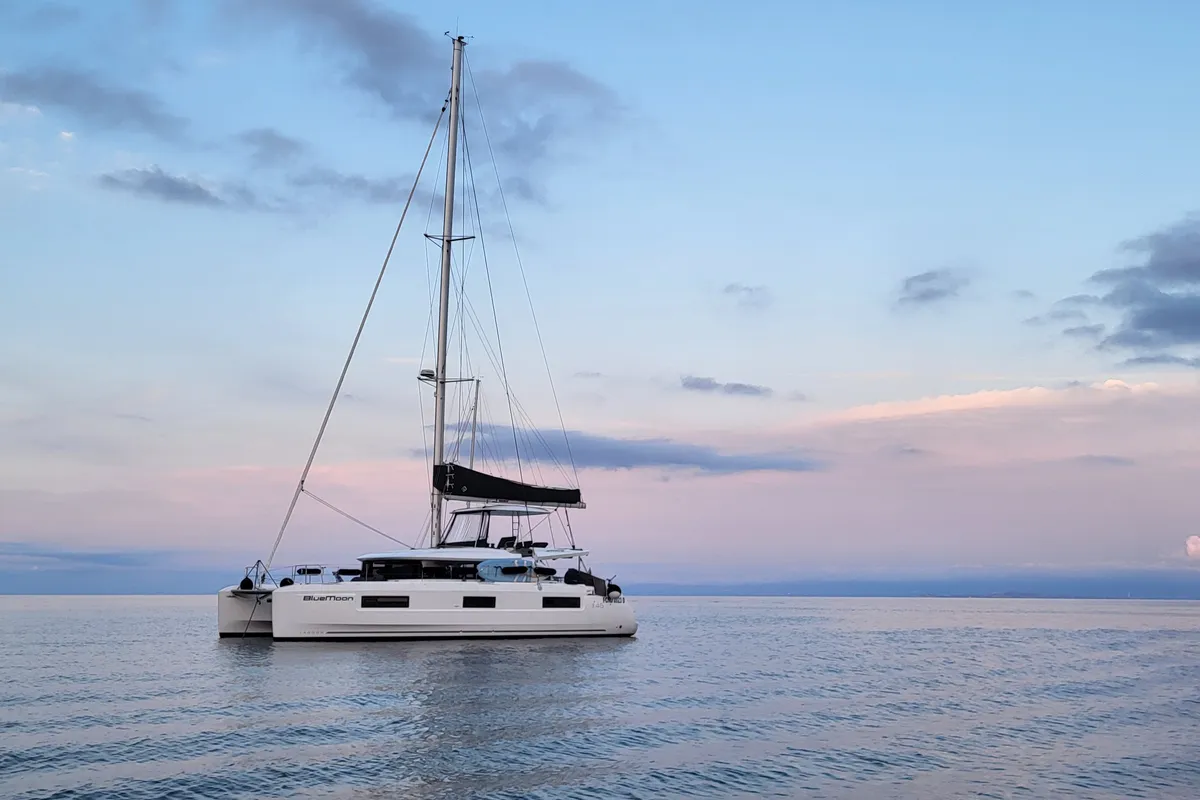Exterior view of Good Vibes, a Lagoon 46 catamaran at Figari/Golfo Aranci, Italy