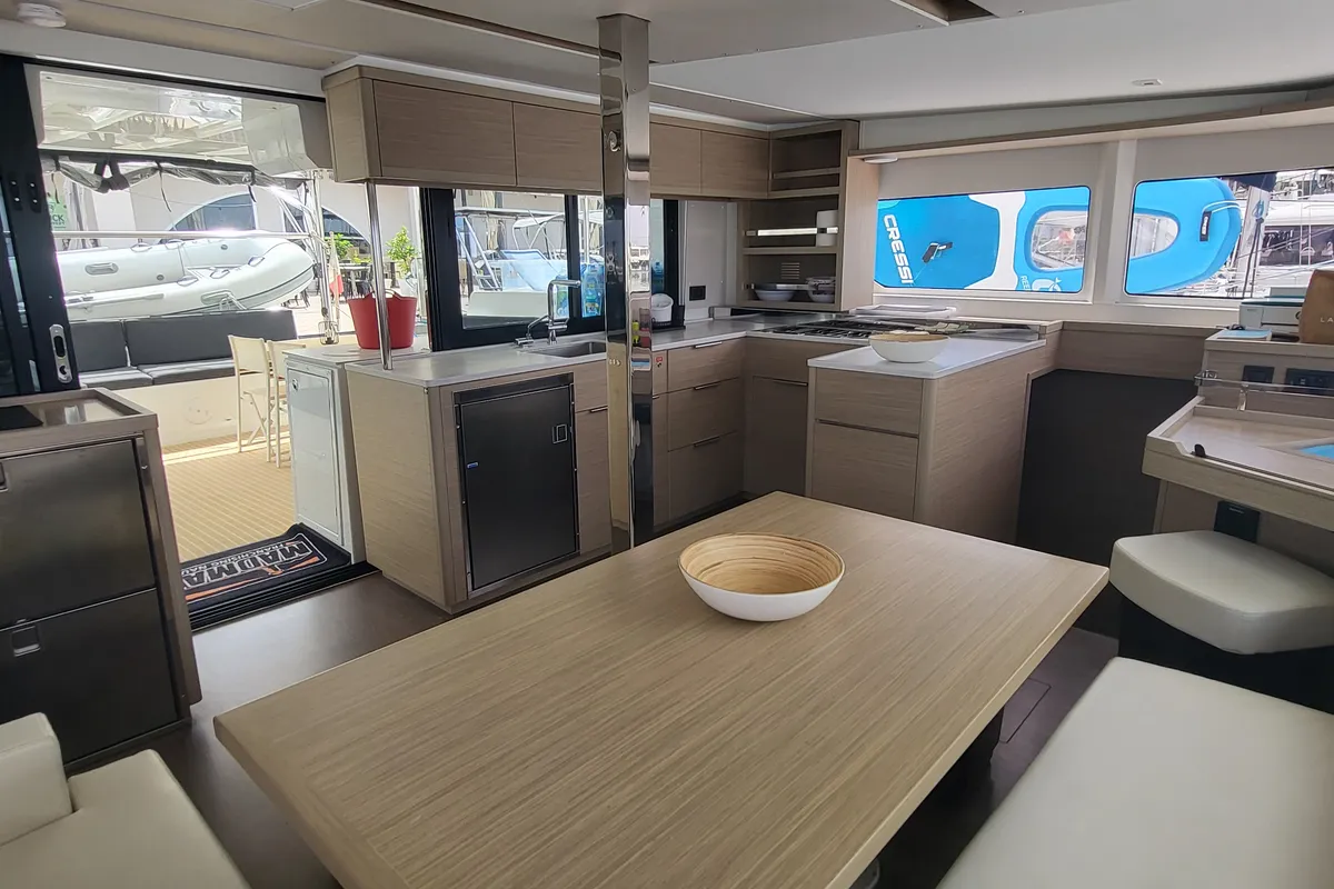 Salon of Good Vibes, a Lagoon 46 catamaran at Figari/Golfo Aranci, Italy