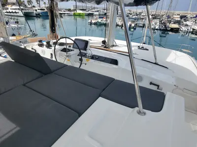 Cockpit of Good Vibes, a Lagoon 46 catamaran at Figari/Golfo Aranci, Italy