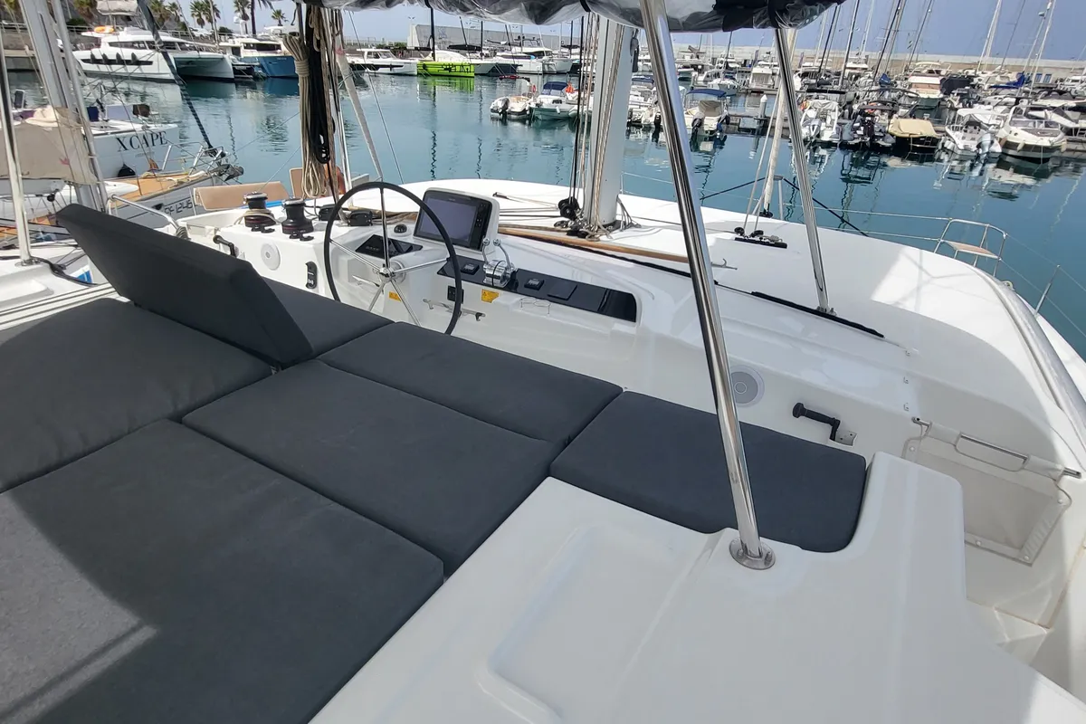 Cockpit of Good Vibes, a Lagoon 46 catamaran at Figari/Golfo Aranci, Italy
