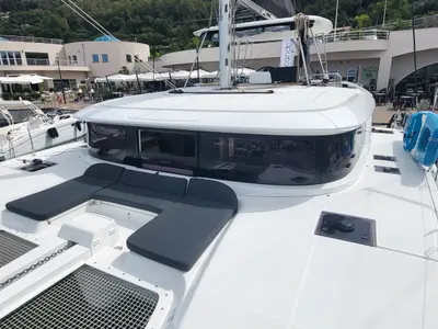 Deck of Good Vibes, a Lagoon 46 catamaran at Figari/Golfo Aranci, Italy